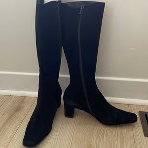 Genuine suede knee high heeled boots in black